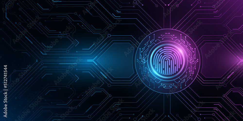 Modern fingerprint scan with glowing computer circuit board. Biometric data security. Dashboard display. Futuristic button. Big data. Touch screen panel. Vector illustration