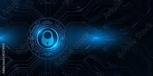 Futuristic touch screen panel with sensor button lock. Modern fingerprint scan with glowing blue computer circuit board. Biometric data security. Dashboard display. Vector illustration