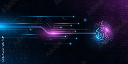 Modern fingerprint scan with glowing computer circuit board. Biometric data security. Dashboard display. Futuristic touch screen panel with sensor button. Vector illustration