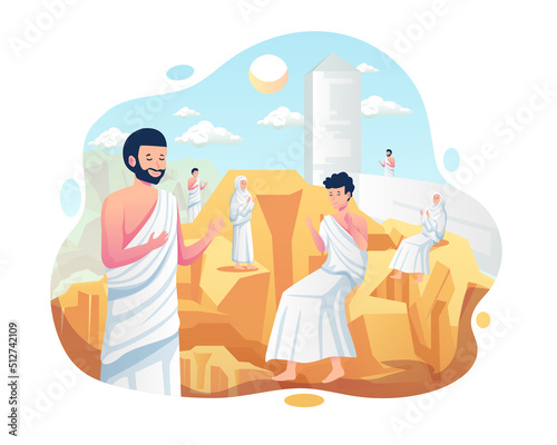 Muslim pilgrimage praying on Jabal Rahmah mountains at Arafat hill. Muslim People perform Islamic Hajj Pilgrimage. Vector illustration in flat style