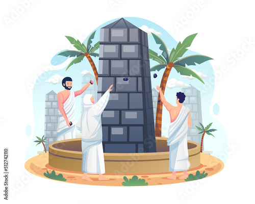 Muslim pilgrims are throwing stones at the devil pillar or Jamarat walls in the Islamic hajj pilgrimage. One of Islam's sacred pilgrimage steps. Vector illustration in flat style