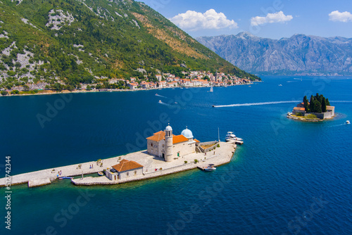 Montenegro. Bay of Kotor. The island of St. George and the Island of Gospa od Skrpela are located near the city of Perast. Popular tourist spot. Drone. Aerial view photo