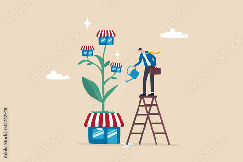 Growing business or expand shop, entrepreneur to start business building company, raising or develop success plan concept, businessman company leader watering shop growing plant with new shop blooming