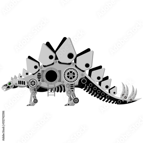 A stegosaurus robot in a metallic steampunk style. A cyborg dinosaur on a white background.