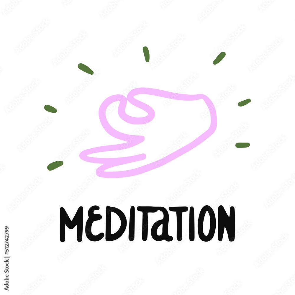 Meditation doodle image of hand with mudra. Cute vector image for poster, icon.
