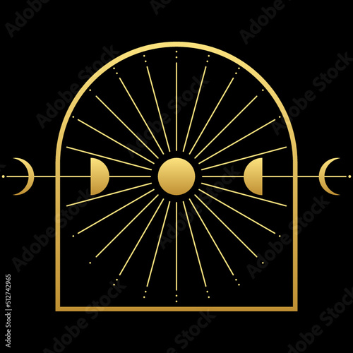 Golden mysterious moon different phases or lunar phases with moonlight on black background boho vector icon design.