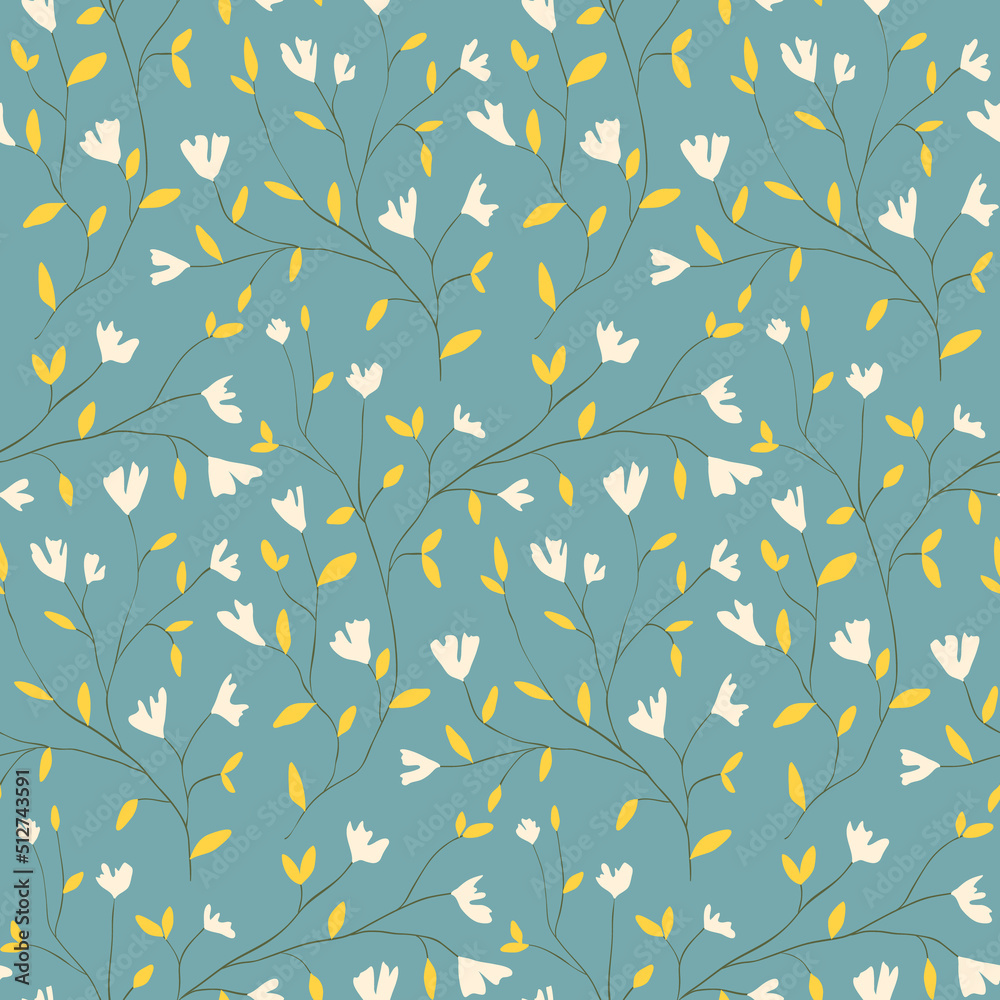 Seamless floral pattern, delicate ditsy print with tiny flowers twig. Romantic botanical background with flowers, leaves on branches in retro style. Small hand drawn twigs on a blue surface. Vector. Seamless floral pattern, delicate ditsy print with tiny flowers twig. Romantic botanical background with flowers, leaves on branches in retro style. Small hand drawn twigs on a blue surface. Vector.