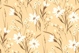 Seamless floral pattern with gentle spring meadow, hand drawn wild plants. Romantic botanical print, elegant natural background with small flowers, leaves, herbs on a beige field. Vector.