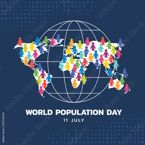 World Population Day - colorful group of people sign stand on world map and circle line globe sign on dark blue background vector design