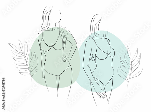 Vector illustration of a young woman in one-piece swimsuit with floral ornament and abstracts on the background