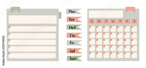 Set of Cute Scrapbook paper note and printable elements. To do list and Weekly journal planner template. Simple memo sticker. Vector illustration
