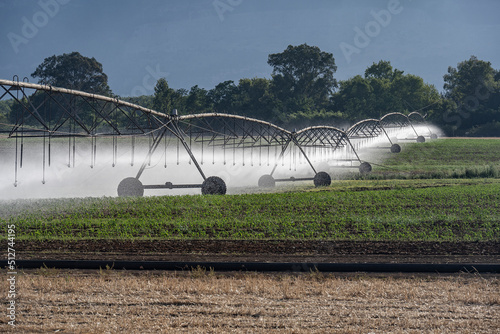 Agricultural irrigation equipment with water sprinklers in the field, northern Israel.