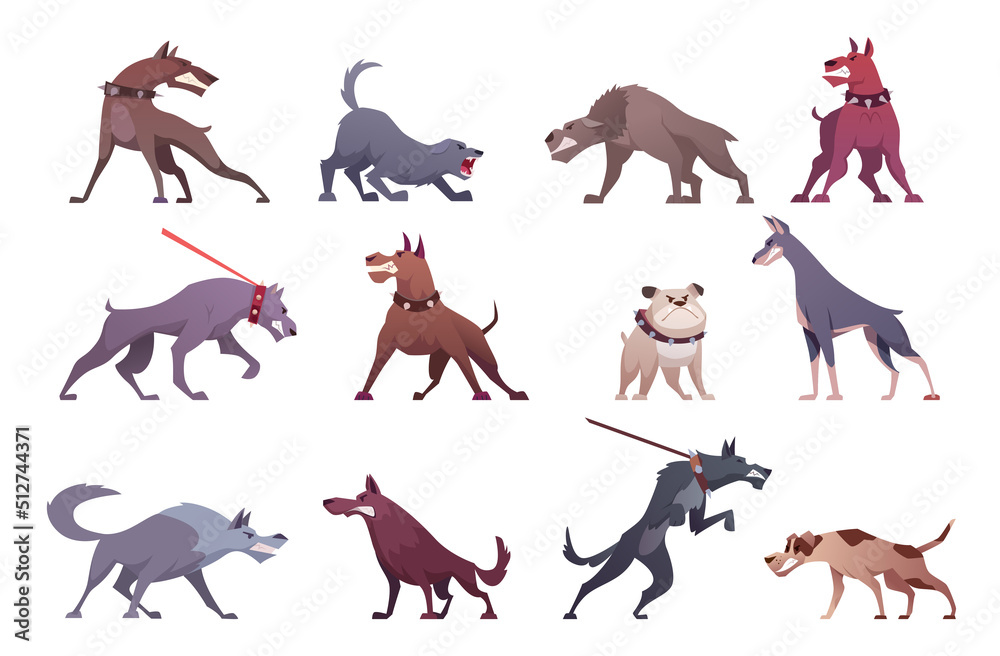 Angry dogs. Mad zombie animals aggressive action poses of dogs sharp teeth  exact vector cartoon illustrations Stock Vector | Adobe Stock