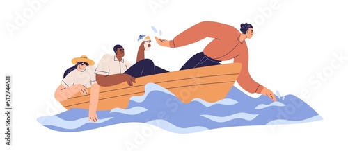 Business people in boat. Unfair work distribution, exploitation concept. Bad inefficient team with man employee working hard and lazy colleagues. Flat vector illustration isolated on white background