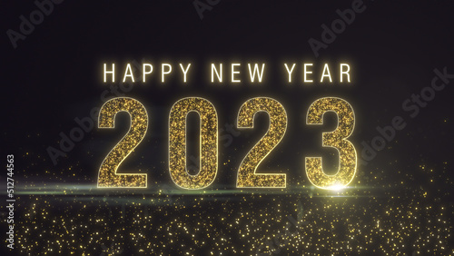Happy New Year 2023 greeting card with particle gold text and numbers on a luxury dark background with bokeh. Premium shimmering holiday banner concept for eve, or party. Welcoming the new year