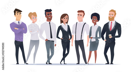 Business multinational team. Working managers in casual clothes ethnic characters in office exact vector cartoon illustrations