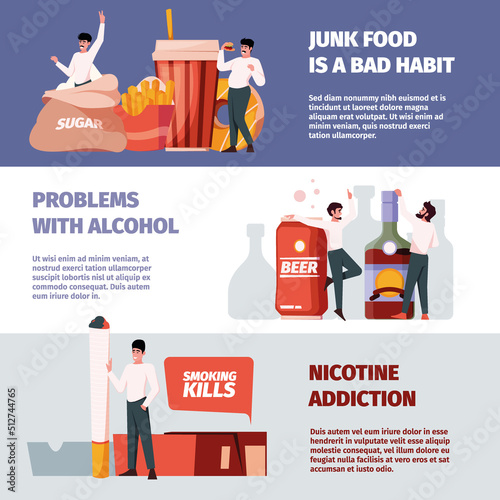Destruction habits. Adults persons with bad addictions overeating alcoholism drugs gambling garish vector horizontal banners