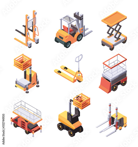 Construction lifting. Transport for builders garish vector lifting platforms illustrations in isometric style