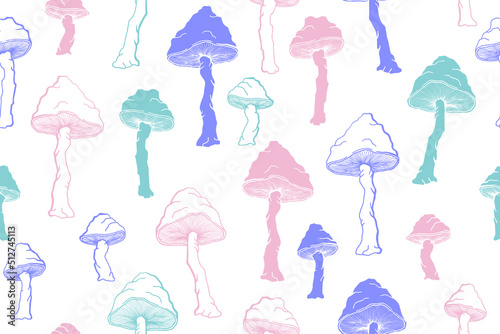 Amanita choky inedible mushrooms seamless pattern vector illustration. © SunwArt