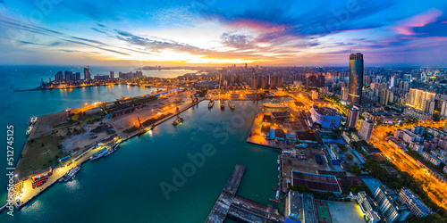 Photography Haikou Port Panoramic Aerial View during Sunrise, the Main Transportation Hub for Haikou City, Hainan Free Trade Zone of China