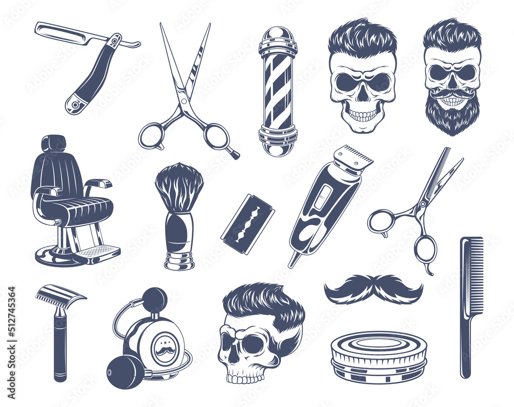 Barber shop set. Logos and ads symbols comb brush blade scissors for beard hairstyle exact vector monochrome emblems - obrazy, fototapety, plakaty 