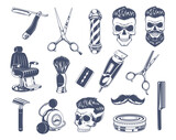 Barber shop set. Logos and ads symbols comb brush blade scissors for beard hairstyle exact vector monochrome emblems