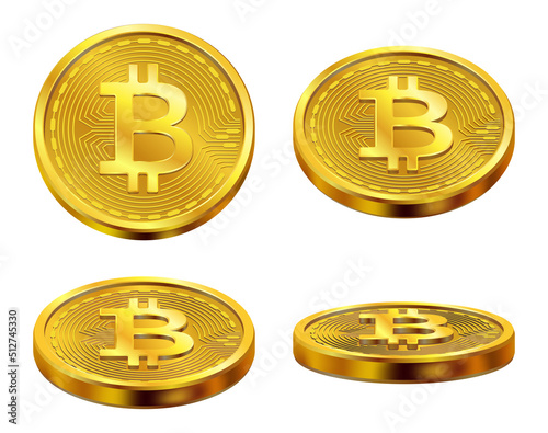 Bitcoin. Realistic blockchain golden coins cryptocurrency network future web economy symbols decent vector bitcoin picture