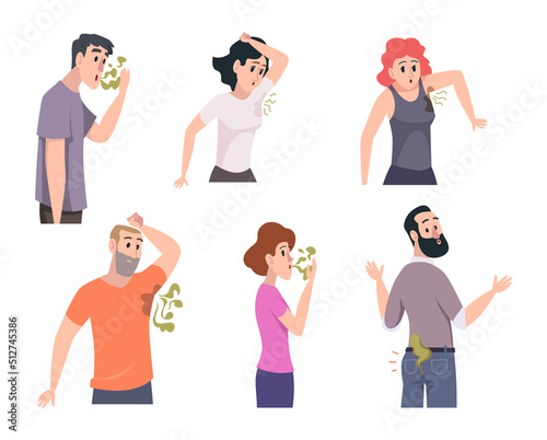 Bad smelly people. Sweat persons wet and disgusting characters exact vector smelly body