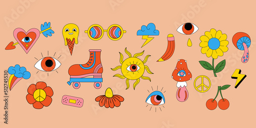 Retro 70s vibe, hippie stickers, psychedelic groovy elements. Cartoon funky flowers and mushrooms, old fashioned roller skate, rainbow, vintage hippy style element. Vector Isolated positive symbols.
