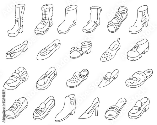 Women shoes. Variety of shoes available for women. Editable outline.