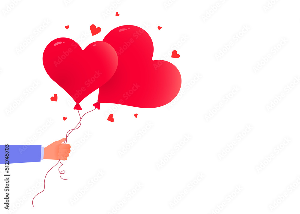 Hand hold red shape heart air balloon. Vector Happy Valentine Day illustration on white color background. Flat style romantic design of sharing love heart for Valentine's Day greeting card