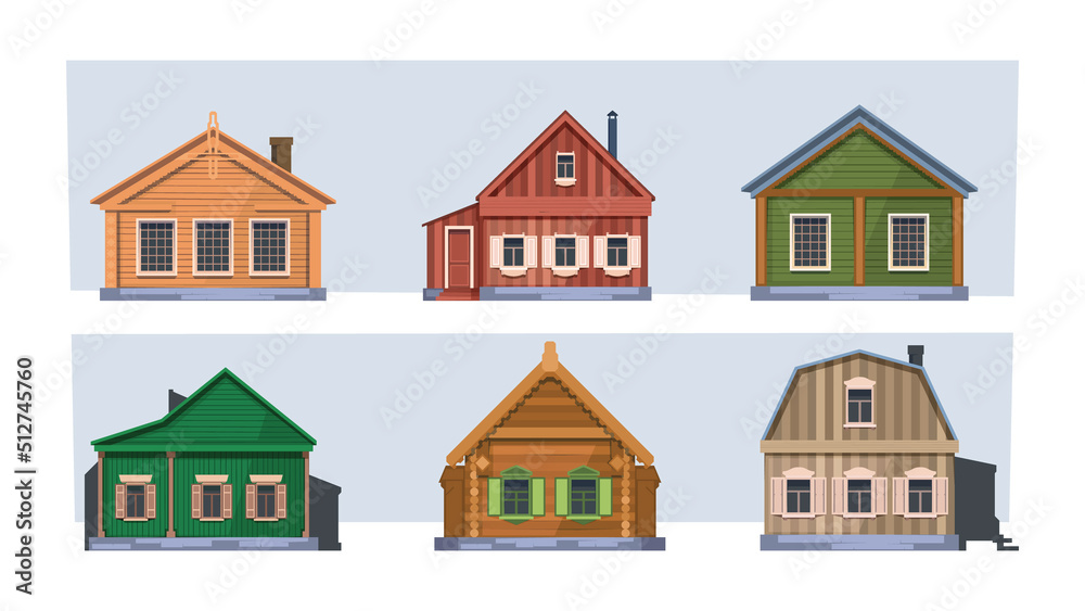 Russian rural buildings. Row village houses russian village garish vector wooden constructions in flat style