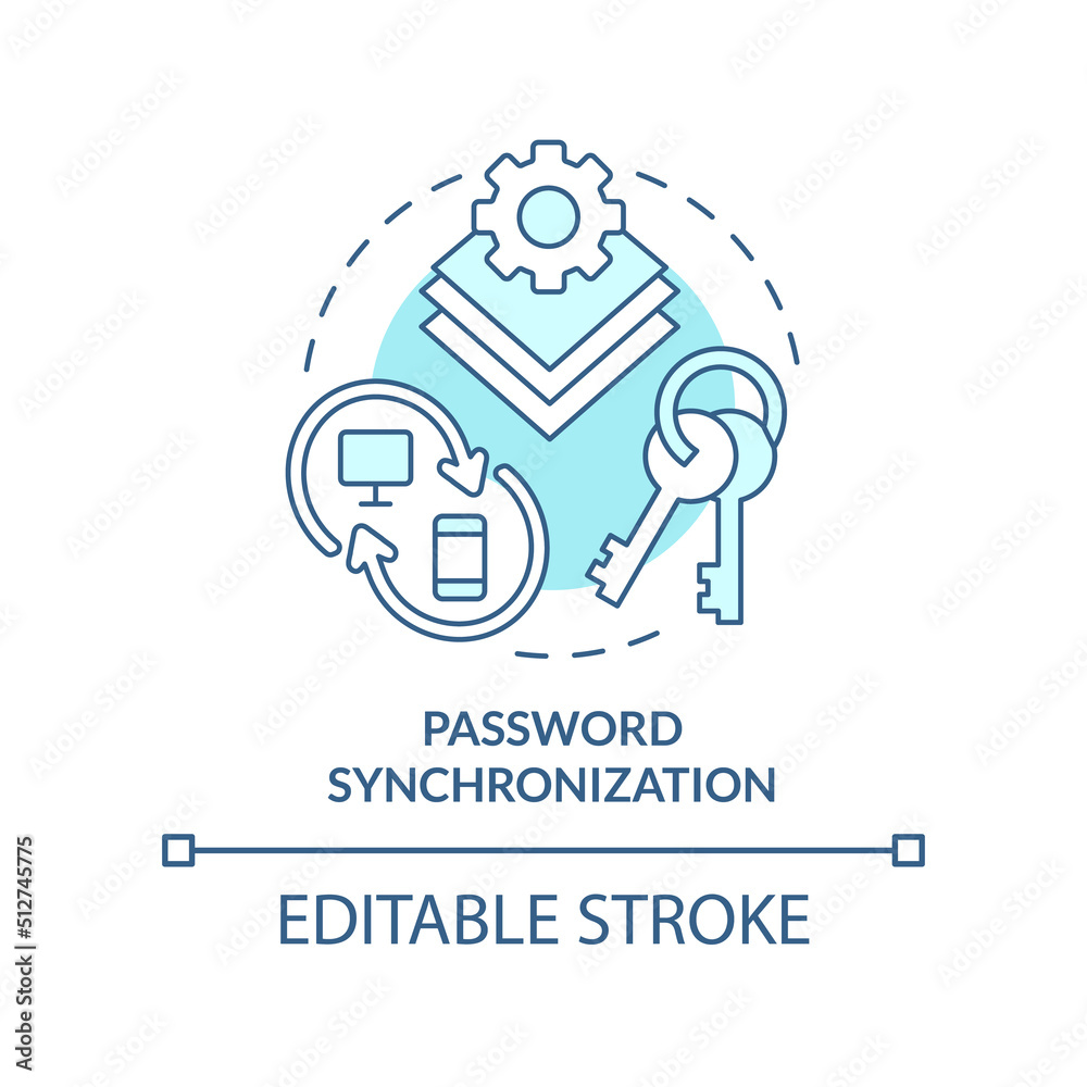 Password synchronization turquoise concept icon. Management abstract idea thin line illustration. Sync between systems. Isolated outline drawing. Editable stroke. Arial, Myriad Pro-Bold fonts used Password synchronization turquoise concept icon. Management abstract idea thin line illustration. Sync between systems. Isolated outline drawing. Editable stroke. Arial, Myriad Pro-Bold fonts used