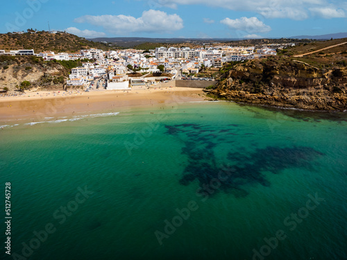Panoramic view from the Burgau beach on the Lagos region into the Algarve. Portugal