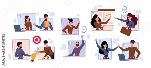 Online cooperation. Team remote dialogue people talking connection workflow web office freedom concept garish vector flat persons isolated