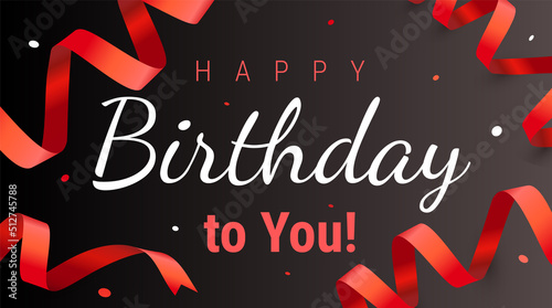 Vector happy birthday illustration with word and red curled ribbon. Holiday template design for birthday greeting card