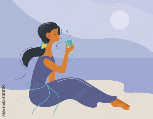 A young woman drinks wine by the sea. The brunette is resting on the beach. Vector illustration of a dark-haired girl holding a cocktail and admiring the sunset. Banner, cover, poster in flat style.