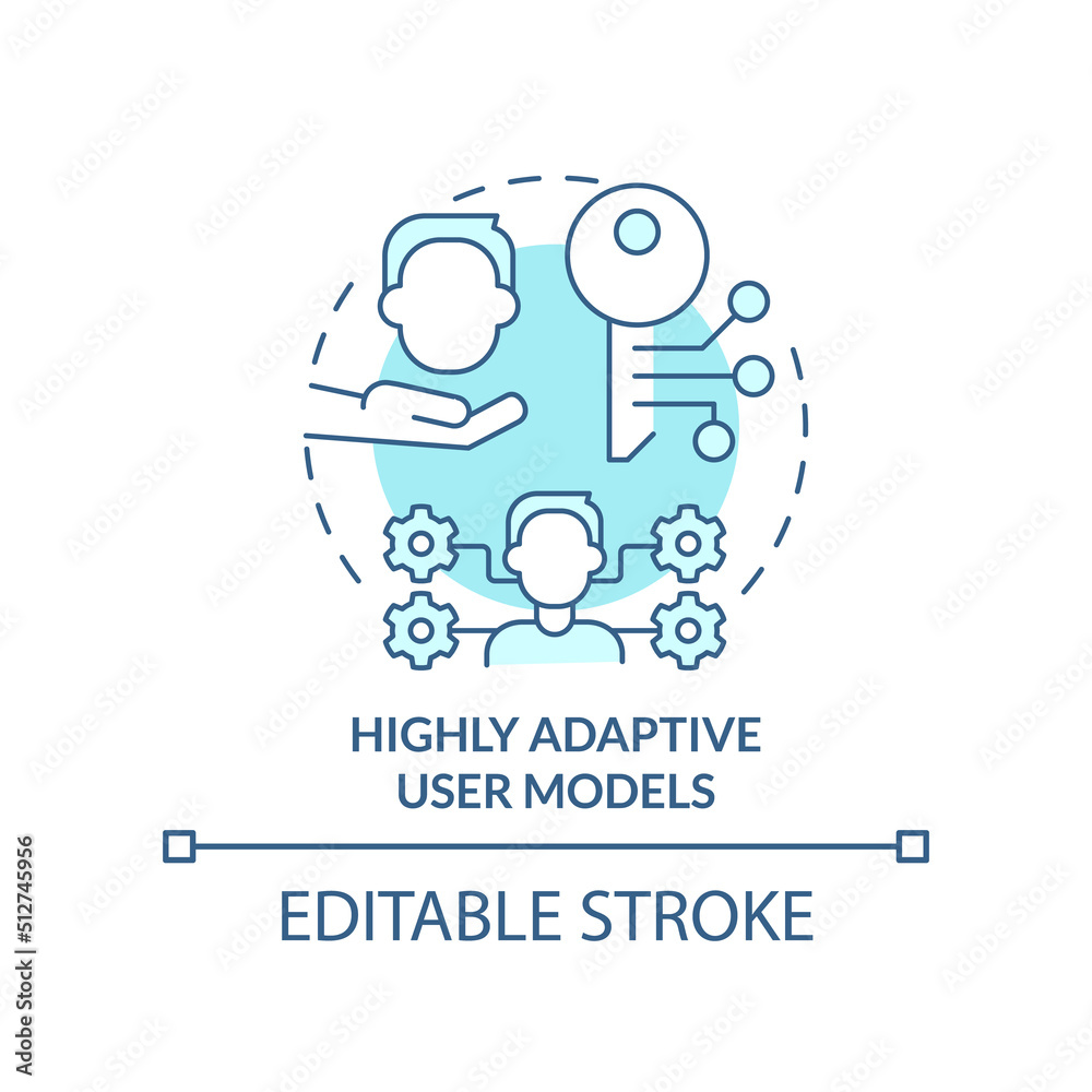 Highly adaptive user models turquoise concept icon. Human-computer interaction abstract idea thin line illustration. Isolated outline drawing. Editable stroke. Arial, Myriad Pro-Bold fonts used Highly adaptive user models turquoise concept icon. Human-computer interaction abstract idea thin line illustration. Isolated outline drawing. Editable stroke. Arial, Myriad Pro-Bold fonts used