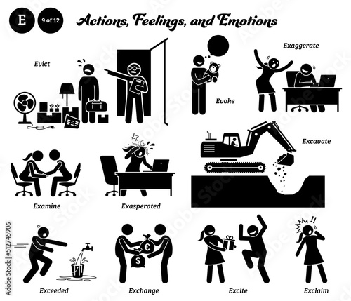 Stick figure human people man action, feelings, and emotions icons alphabet E. Evict, evoke, exaggerate, examine, exasperated, excavate, exceeded, exchange, excite, and exclaim.