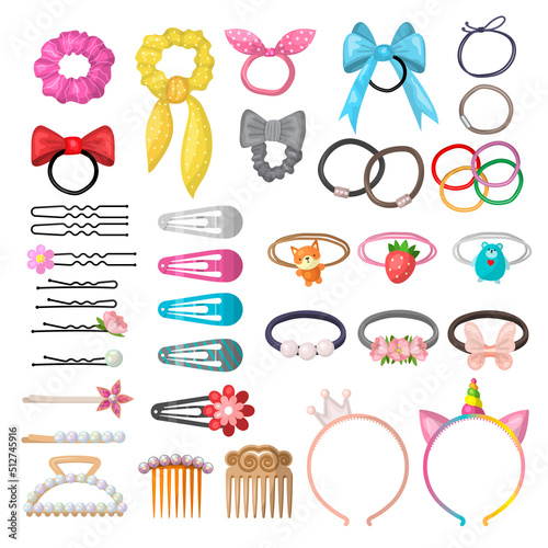 Hair grooming. Girlish plastic accessories clips rubber bands pins recent vector illustrations set isolated photo