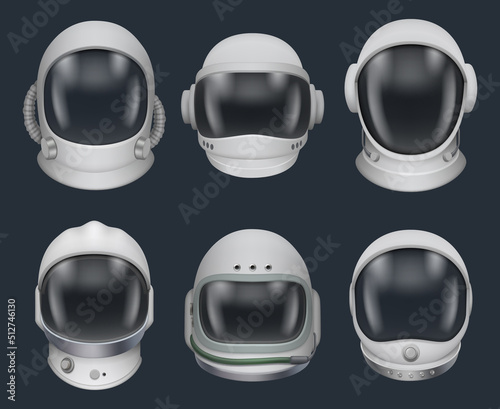 Space helmet. Futuristic astronaut clothes for space exploration military helmet with dark glass decent vector pictures isolated
