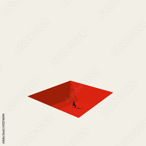 Business man sitting on chair in empty swimming pool. Symbol of loneliness, unhappiness, challenge. Minimal illustration