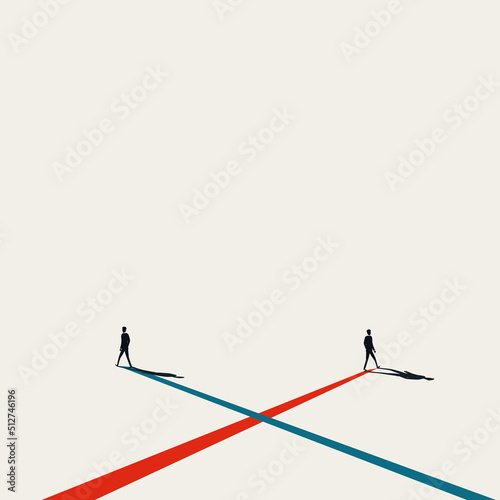 Crossing paths and going different direction in business, vector concept. Symbol of separate ways. Minimal illustration