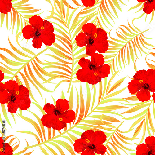 Fototapeta Naklejka Na Ścianę i Meble -  Tropical vector seamless background. Jungle pattern with exitic flowers, and palm leaves. Stock vector. Jungle vector vintage wallpaper	