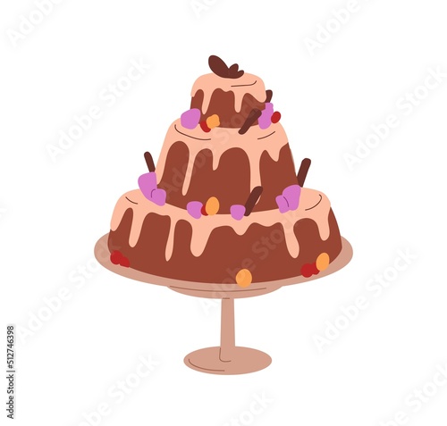 Layered cake with decoration. Sweet chocolate birthday dessert with dripping ...