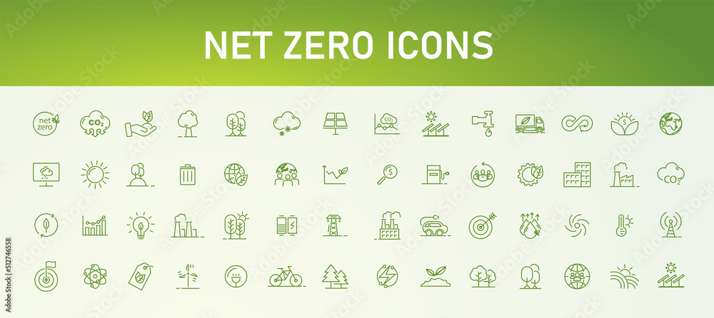 NET ZERO banner icons, carbon neutral and net zero concept. natural environment A climate-neutral long-term strategy greenhouse gas emissions targets wooden block with green net center icon - obrazy, fototapety, plakaty 