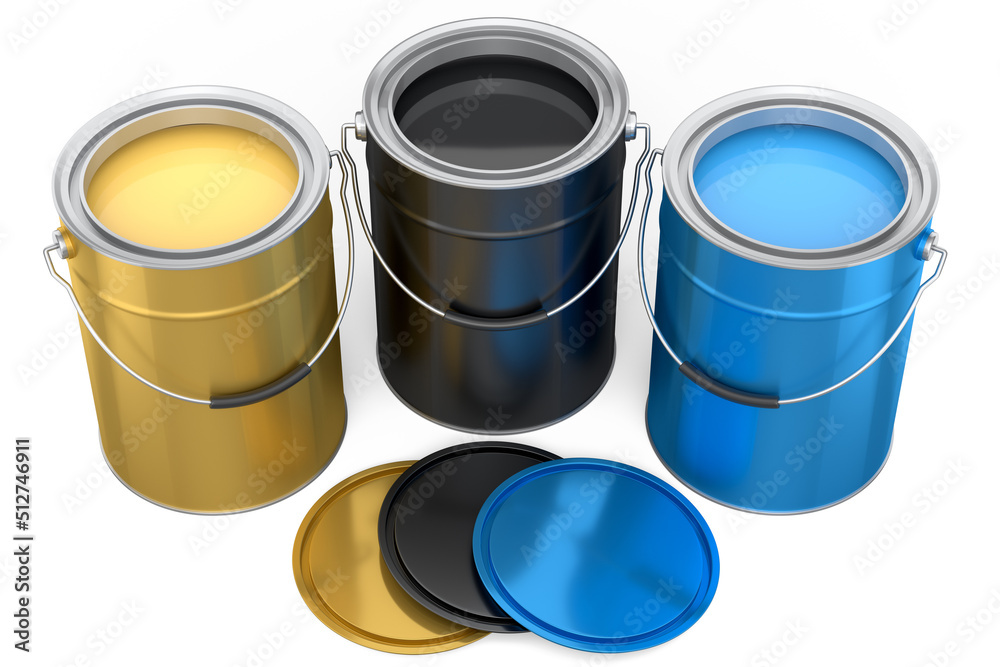 Set of open metal can or buckets of paint with handle on white background. Set of open metal can or buckets of paint with handle on white background.