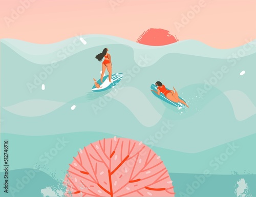 Hand drawn vector stock abstract graphic illustration with a swimming surfer girls in ocean waves landscape and sundown view isolated on blue background.Boho feminine design concept art.