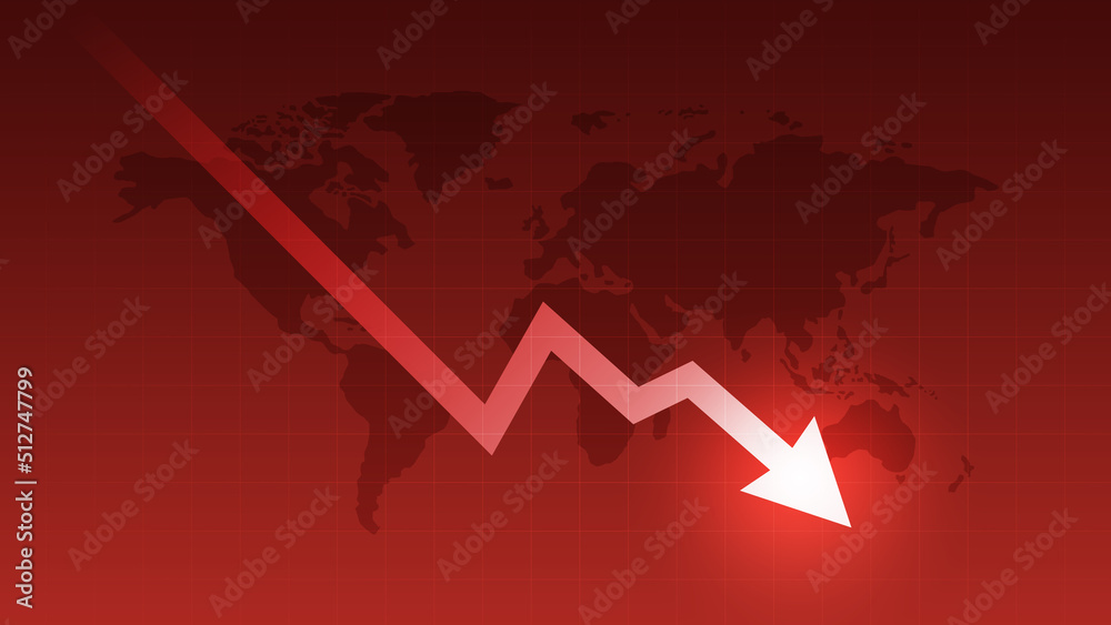 Down arrow financial crisis world economy business chart on crash global market background with loss finance stock graph concept or low money price currency bankruptcy and fall economic investment. - obrazy, fototapety, plakaty 