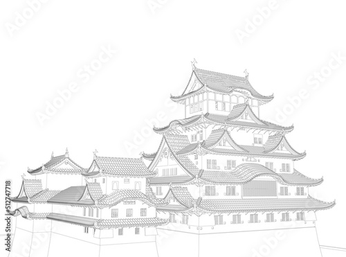 Wireframe of an ancient Japanese building from black lines isolated on a white background. Perspective view. 3D. Vector illustration.